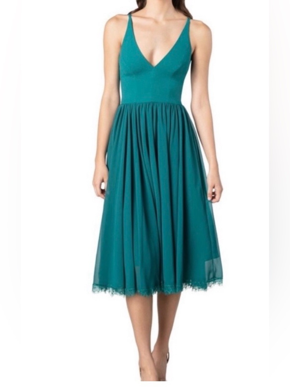 Dress the Population Alicia Capri Color V-Neck Midi Dress with Lace Trim